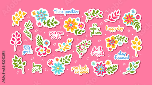 Flowers and motivational phrases, hand drawn Y2K stickers. For journal or diary, surfaces etc