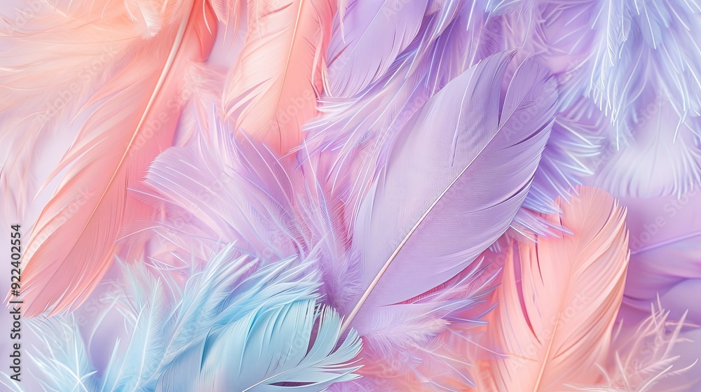 Pastel pink, purple, and blue feathers in a soft, delicate arrangement. Pastel pink, purple, and blue feathers in a soft, delicate arrangement.