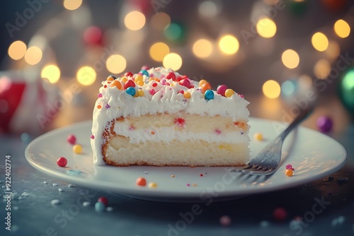 Slice of Birthday Cake with Colorful Sprinkles on White Plate - Photo