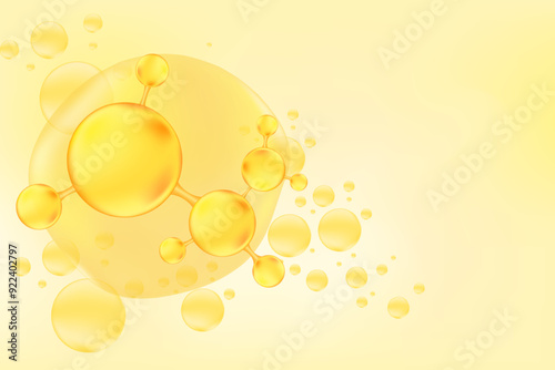 Gold oil or collagen molecule formula, with gold liquid particles, bubbles pattern. Hyaluronic acid serum chemical formula background with copy space. Beauty treatment nutrition.
