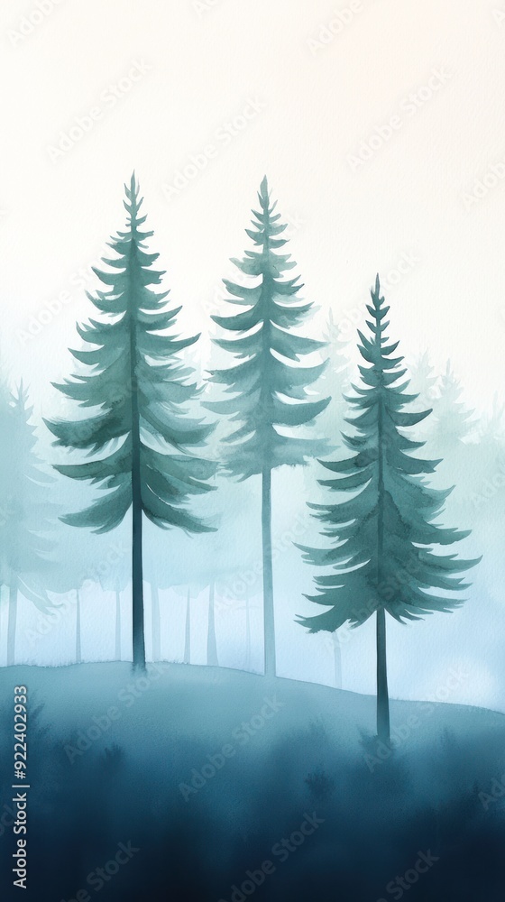 Obraz premium Serene forest landscape featuring tall pine trees surrounded by mist, creating a tranquil and calming atmosphere.