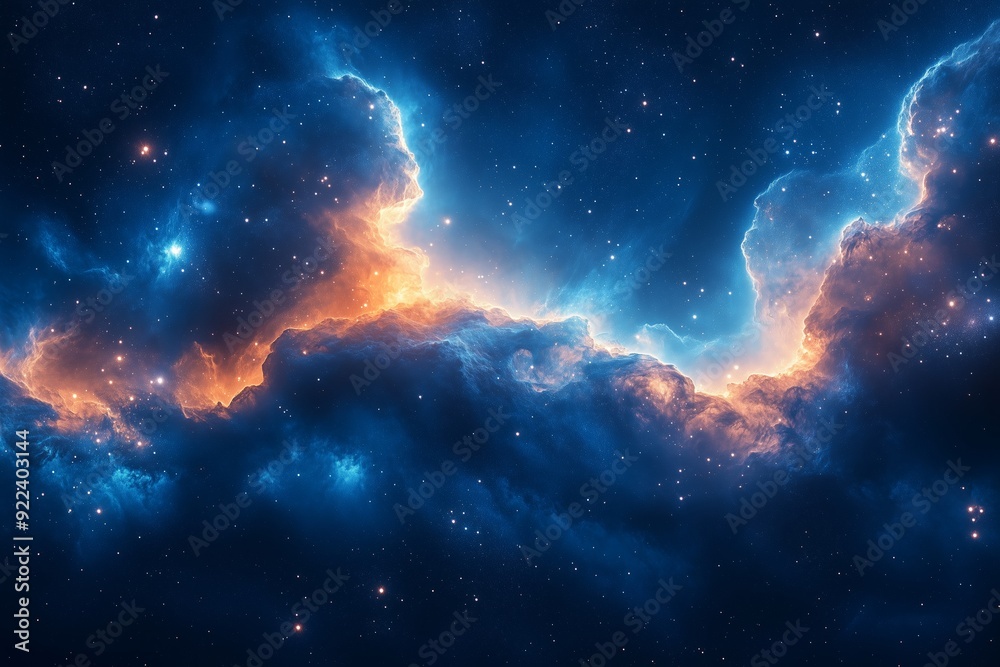 Cosmic clouds illuminated by distant stars in a vibrant nebula at twilight Cosmic clouds illuminated by distant stars in a vibrant nebula at twilight