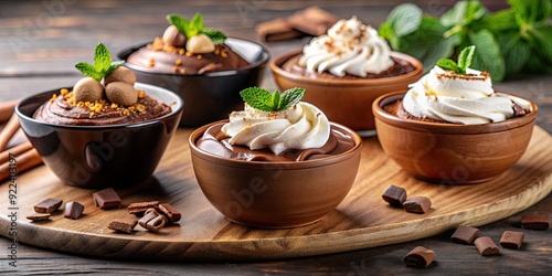 Closeup of decadent chocolate desserts in bowls