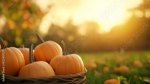 A basket filled with fresh pumpkins glows in the warm light of the setting sun, creating a picturesque autumn scene.