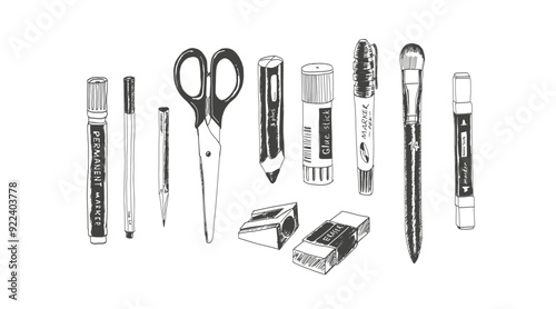 Hand drawn stationery set. Black and white vector doodle illustration. Set of school accessories and supplies. Artist's tools composition.