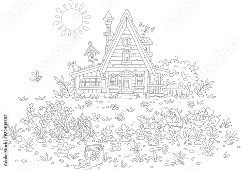 Small vegetable garden and village wooden house in countryside on a sunny summer day, black and white outline vector cartoon illustration for a coloring book