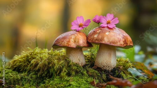 A natural composition featuring two mushrooms topped with pink flowers, blending earthy tones with vibrant color.