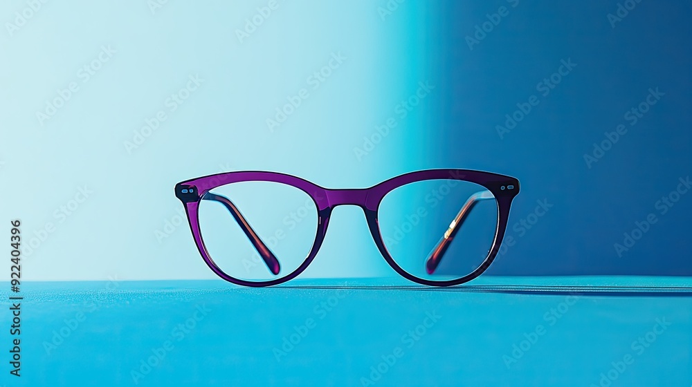 A pair of glasses with a sleek purple frame sits on a bright blue surface, the contrast highlighting the stylish design. A pair of glasses with a sleek purple frame sits on a bright blue surface, the contrast highlighting the stylish design.