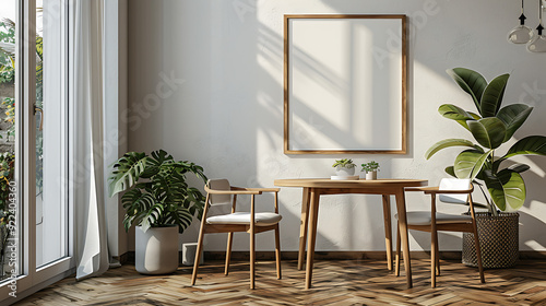 A minimal dining room with a wooden table and chairs set against a white wall, sunlight streams through the window, casting a warm glow on the space.