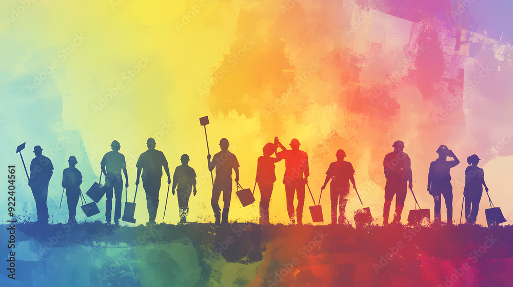 Silhouettes of construction workers in front of a colorful abstract background. Silhouettes of construction workers in front of a colorful abstract background.