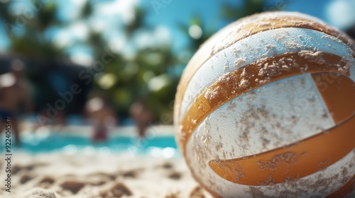 A close-up of a volleyball lying on a sunny beach, covered with sand. The background shows people enjoying a beautiful day, creating a lively and fun atmosphere. photo