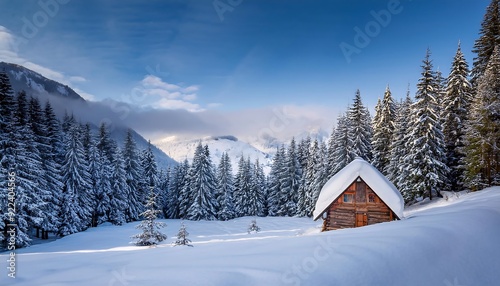 Sun-kissed snowy peaks, frosty firs, and a winding road carve through a serene winter wonderland