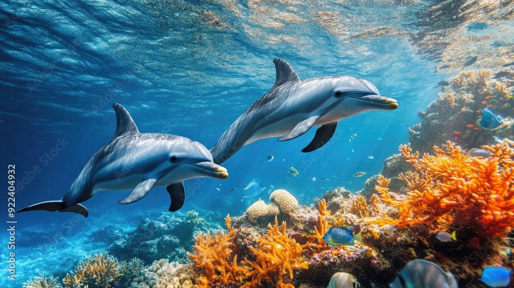 Naklejka premium A pair of dolphins gracefully swimming near a coral reef, with fish and sea plants creating a picturesque underwater scene.