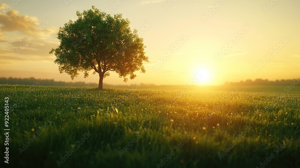 A peaceful green field with a tree in the middle, as the sun rises in the background, creating a serene, golden scene. A peaceful green field with a tree in the middle, as the sun rises in the background, creating a serene, golden scene.