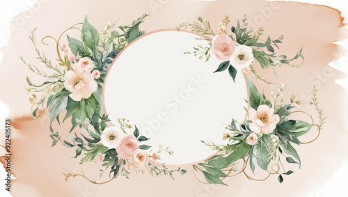 Floral Wreath Frame:  Delicate watercolor wreath of pale pink flowers and lush greenery framing a blank circle, perfect for adding your own text or images.  