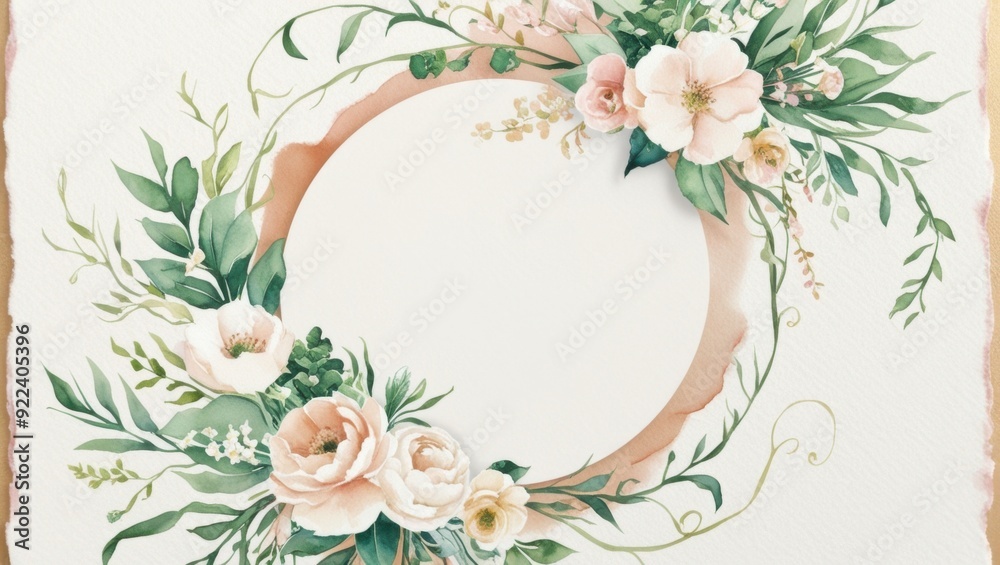 Fototapeta premium Watercolor Floral Wreath: Delicate and romantic, this watercolor wreath features soft pink and white flowers, lush greenery, and a delicate gold circle, perfect for adding a touch of elegance.