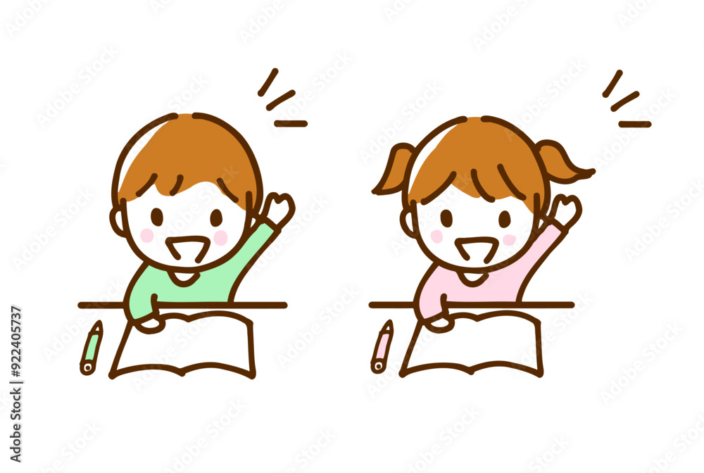 Illustration of boy and girl happily raising their hands Illustration of boy and girl happily raising their hands