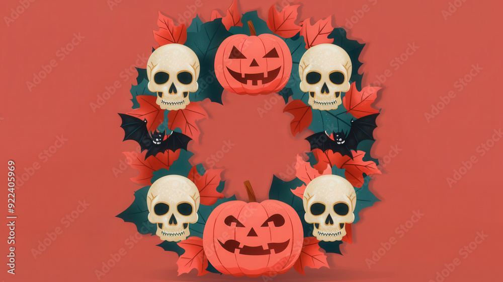 Halloween wreath adorned with vibrant pumpkins and spooky skulls, featuring a flat design style ideal for festive decorations and seasonal celebrations. Halloween wreath adorned with vibrant pumpkins and spooky skulls, featuring a flat design style ideal for festive decorations and seasonal celebrations.
