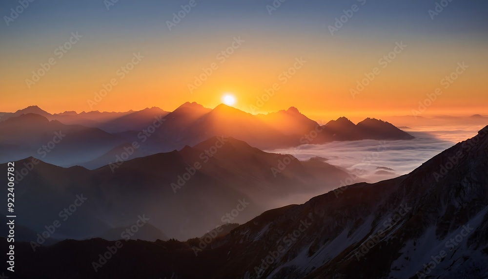 Golden sunrise paints misty mountain peaks with vibrant hues Golden sunrise paints misty mountain peaks with vibrant hues
