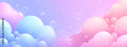 Cute cartoon background with bubbles and stars, pink blue purple sky gradient. Dreamy sky with clouds in pastel colors. Kawaii design concept for party or birthday, invitation, packaging. Copy Space