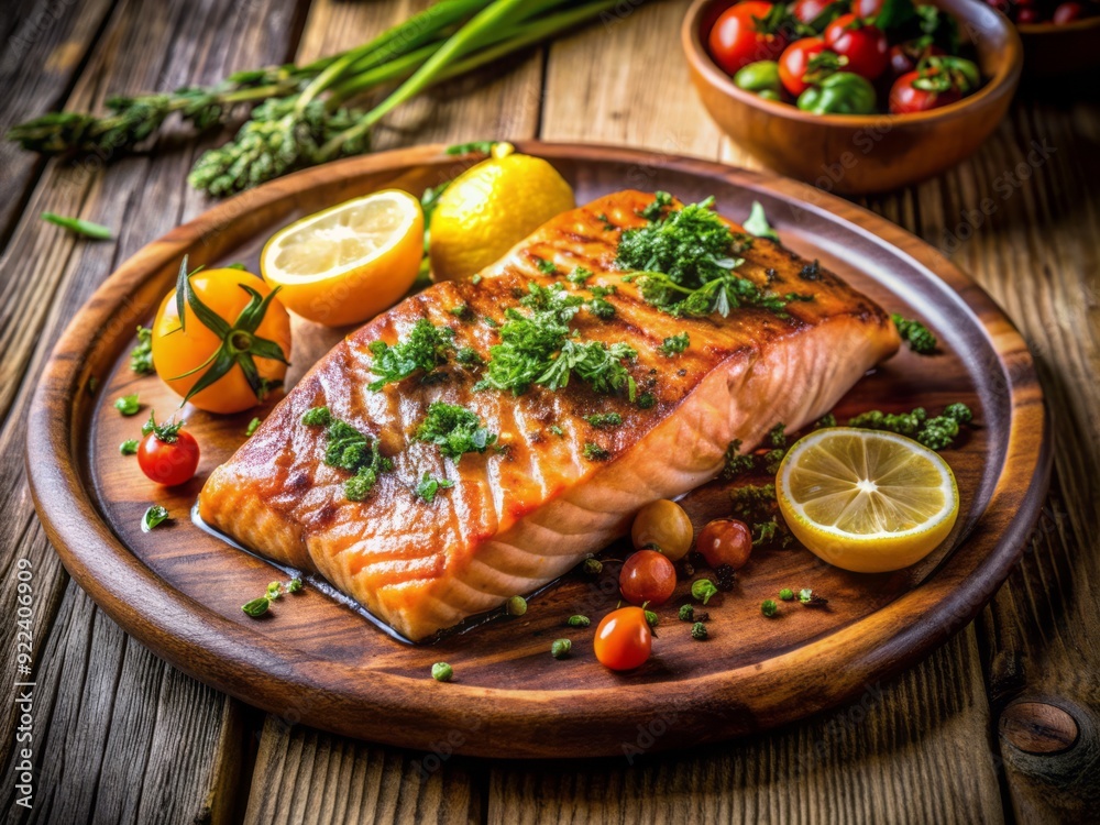 Freshly grilled salmon fillet seasoned with lemon zest, parsley, and thyme, served on a rustic wooden platter with a side of roasted vegetables. Freshly grilled salmon fillet seasoned with lemon zest, parsley, and thyme, served on a rustic wooden platter with a side of roasted vegetables.