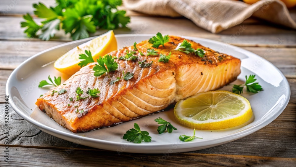 Gourmet air-fried salmon fillet with crispy, golden-brown skin, served on a modern white plate, garnished with fresh parsley and a side of lemon wedges. Gourmet air-fried salmon fillet with crispy, golden-brown skin, served on a modern white plate, garnished with fresh parsley and a side of lemon wedges.