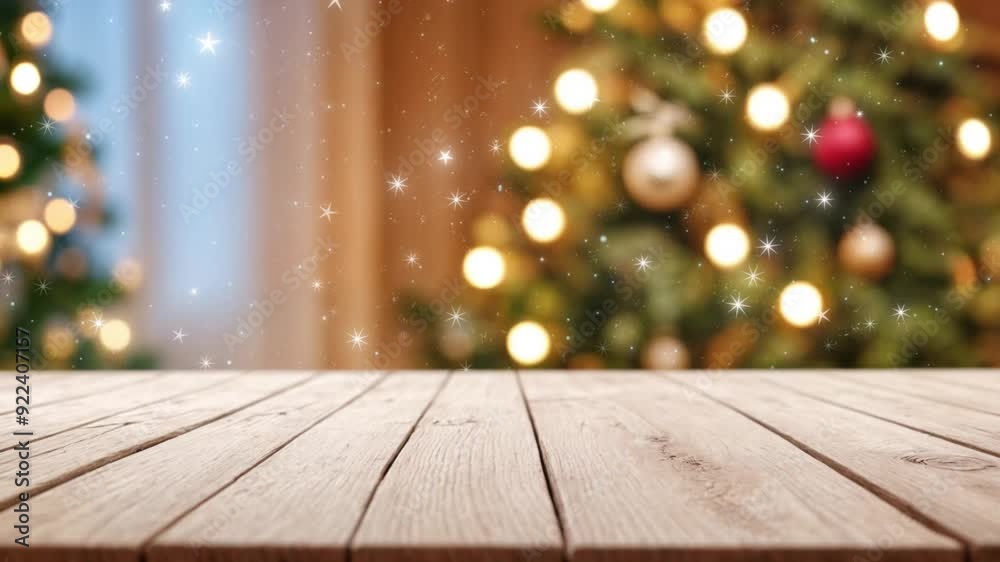 white The empty wooden table top with blur background of Christmas, sparkling pine tree white The empty wooden table top with blur background of Christmas, sparkling pine tree