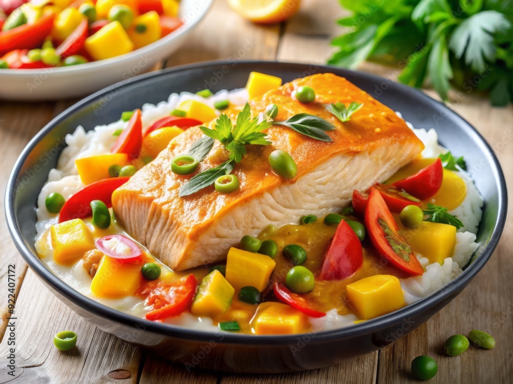 Vibrant salmon fillet and colorful vegetables swim in a rich, creamy curry sauce served over a bed of fluffy coconut milk-infused white rice. Vibrant salmon fillet and colorful vegetables swim in a rich, creamy curry sauce served over a bed of fluffy coconut milk-infused white rice.