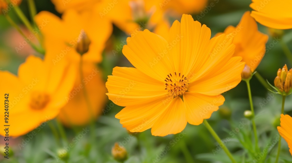 Bright orange cosmos flowers bloom in a sunny garden during springtime. Bright orange cosmos flowers bloom in a sunny garden during springtime.
