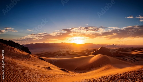 Golden hour paints Sahara dunes with fiery hues, casting long shadows across endless, dry landscape