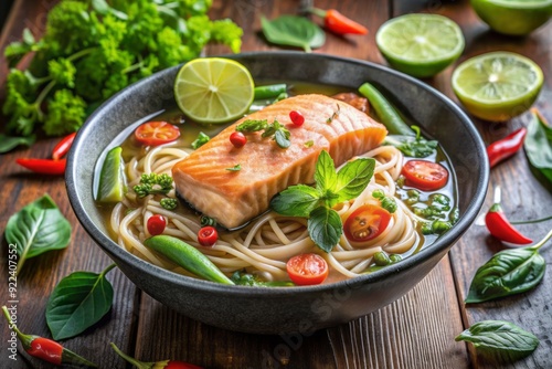 Steaming bowl of Vietnamese-style salmon pho, featuring grilled salmon, bean sprouts, lime, mint, and chili slices, served with a side of fresh herbs.