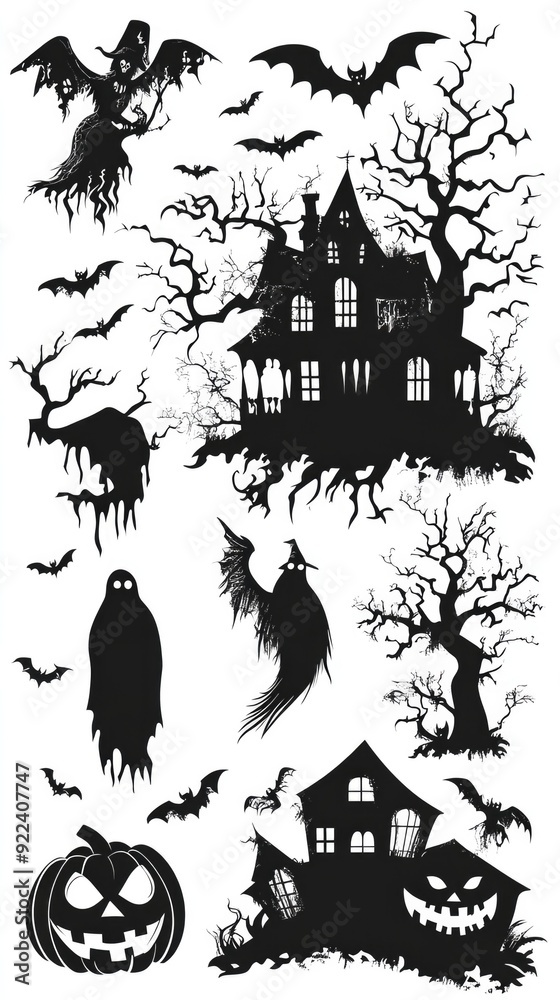 Fototapeta premium Halloween stickers collection. Black cartoon silhouettes and symbols of scary spooky decorations. Set. Dark castle, evil tree, crosses and bats isolated on white background. High quality photo