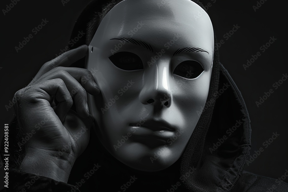 Fototapeta premium A person wearing a white mask, with a black hooded jacket, holds their hand to their face and looks into the camera.
