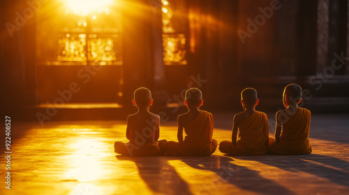 Young novice monks enjoy the morning sun at Shwe Yaunghwe Kyaung Monastery photo