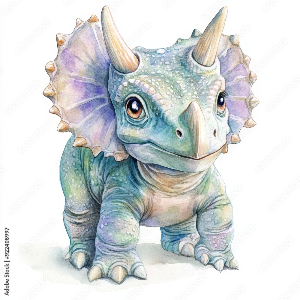 Fototapeta premium Adorable Baby Triceratops in Soft Watercolor Pastels, Isolated on White Background