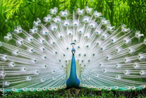 A white peacock with its tail feathers spread out in a fan shape in a green grassy area.