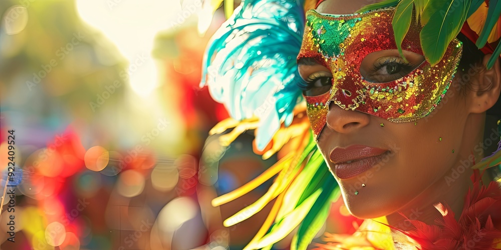 A woman wears a colorful feathered mask during a carnival celebration. A woman wears a colorful feathered mask during a carnival celebration.