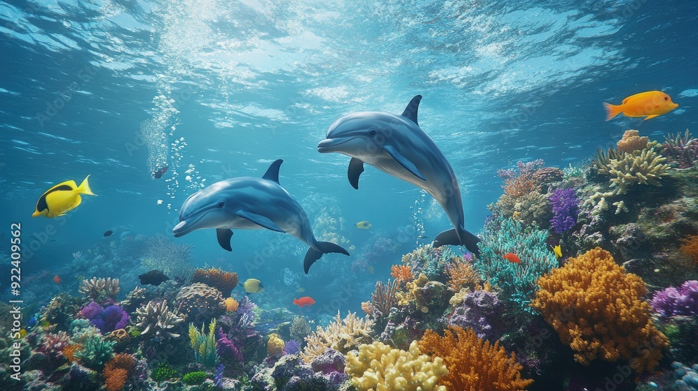 Dolphins enjoying their underwater journey around a coral reef, with vibrant fish and sea plants contributing to the lively marine life. Dolphins enjoying their underwater journey around a coral reef, with vibrant fish and sea plants contributing to the lively marine life.