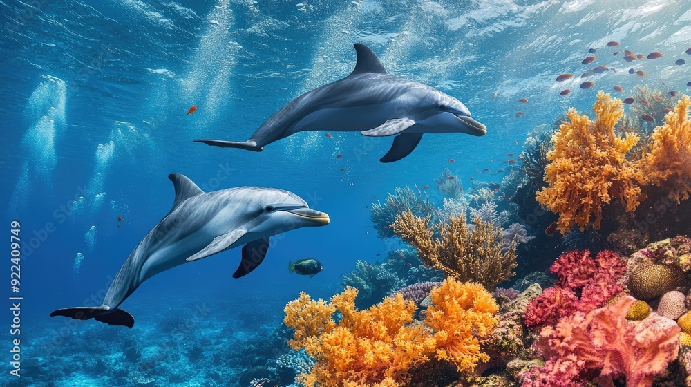 Fototapeta premium Dolphins exploring the underwater world around a coral reef, with fish and sea plants contributing to the rich marine diversity.