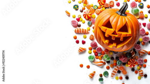 Halloween jack-o'-lantern with scattered candy on white background