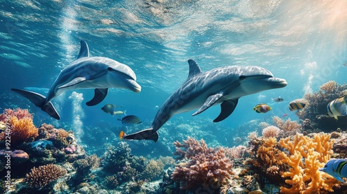 Dolphins exploring the underwater world around a coral reef, with fish and sea plants contributing to the rich marine diversity.