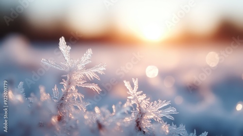 A detailed close-up image capturing the intricate beauty of snowflakes as they glisten in the early morning sunlight, reflecting serenity and the magic of winter's touch.