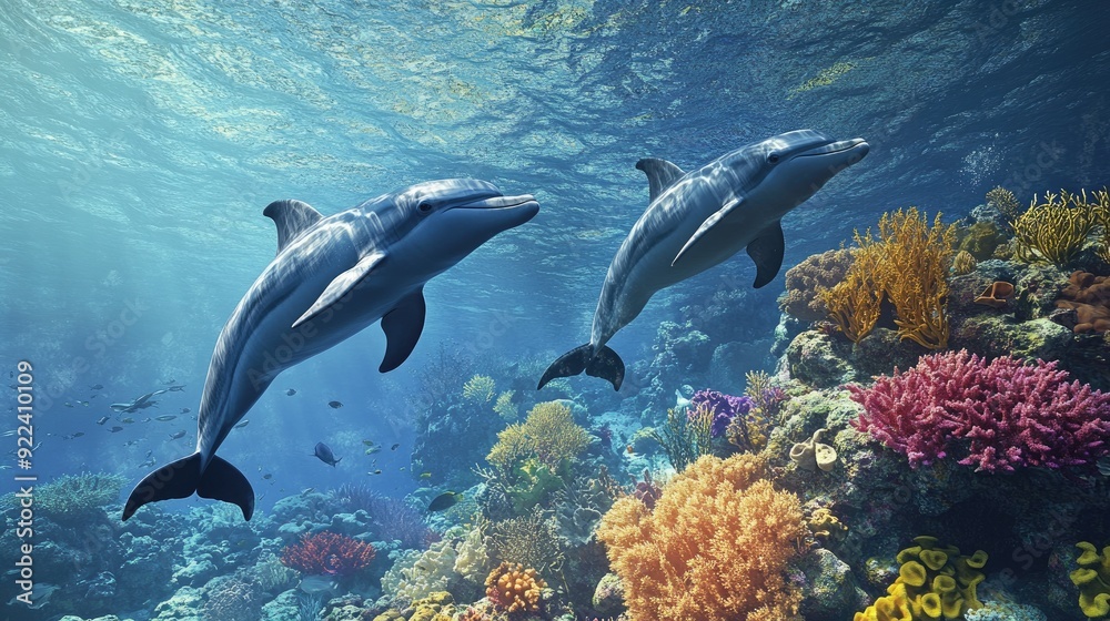 Obraz premium Dolphins exploring the vibrant coral reef, with fish and sea plants adding to the diversity of the underwater world.