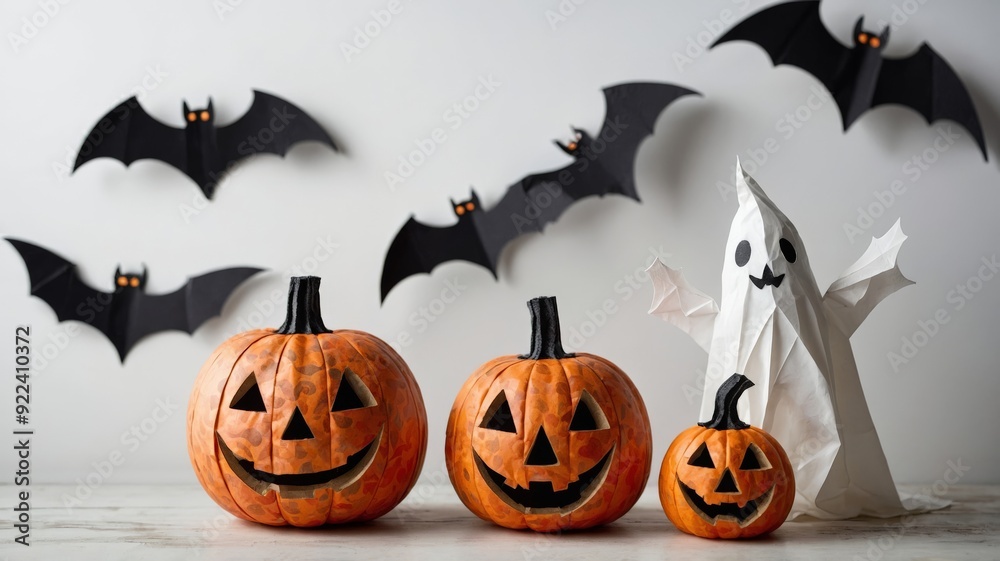 Halloween pumpkin, bat and paper ghost, white background. Halloween pumpkin, bat and paper ghost, white background.