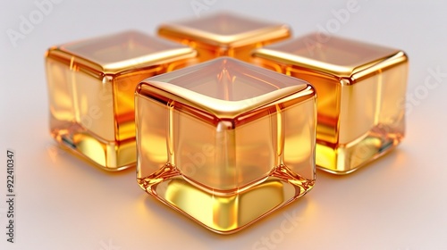  A set of glistening gold cubes resting atop each other on a white plate against a pristine backdrop