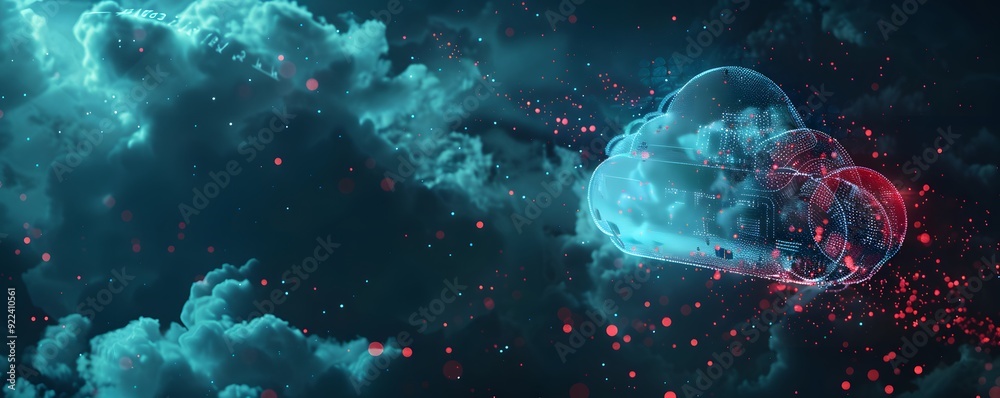Abstract Digital Cloud with Red and Blue Particles in a Dark Sky Abstract Digital Cloud with Red and Blue Particles in a Dark Sky