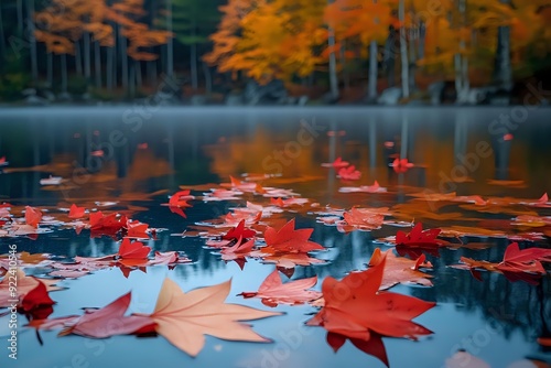 autumn maple leaves on the lake. Generative AI