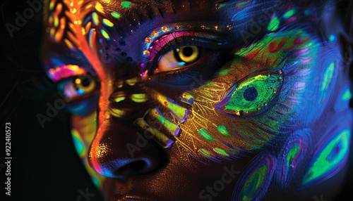 Close-up of a woman's eye with colorful makeup and glitter.