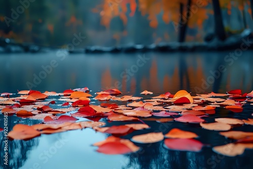 autumn maple leaves on the lake. Generative AI