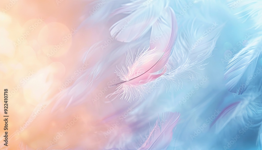 Soft pastel pink and blue feathers with bokeh effect on a light background. Soft pastel pink and blue feathers with bokeh effect on a light background.